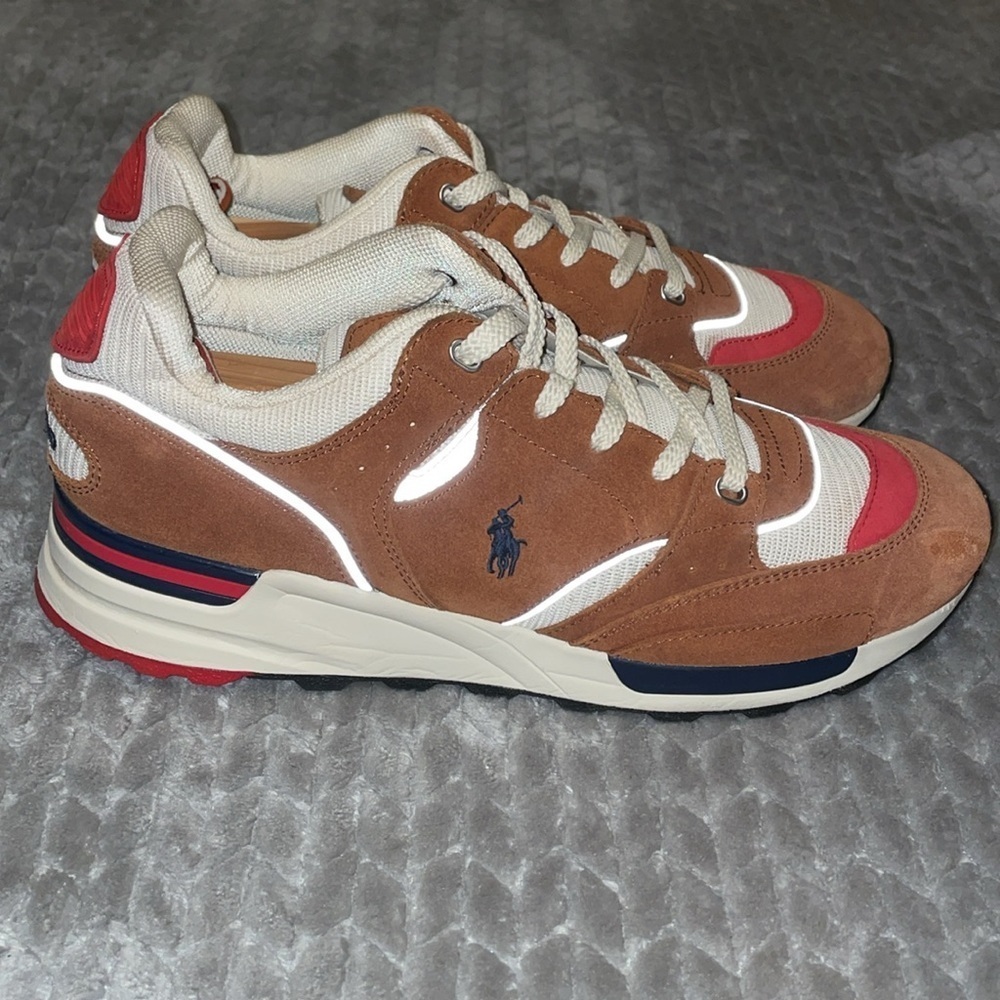 Polo Ralph Lauren Men’s 10 Trackstr 200 Suede Leather Retro Sneakers Brown Red - Picture 4 of 14